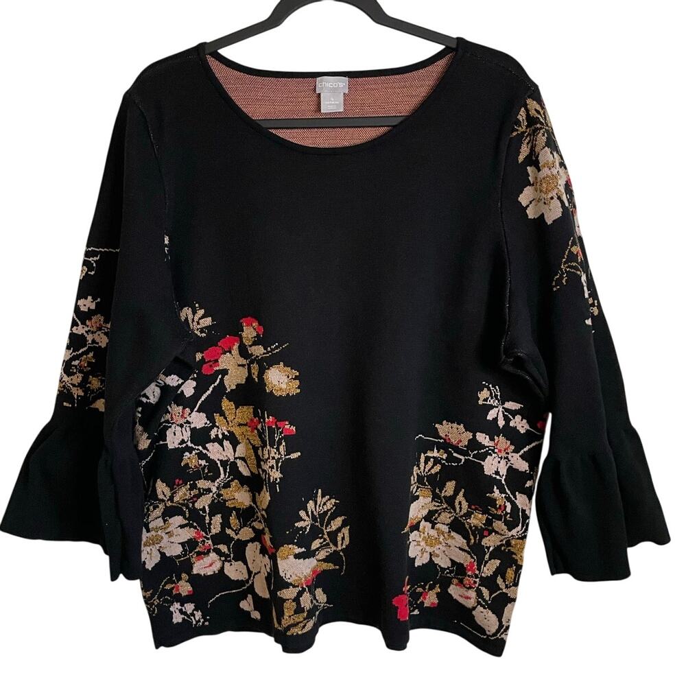 Chico’s Pullover Knit Sweater Floral Sz XXL Bell Sleeves Black Red Gold Metallic - Picture 2 of 10